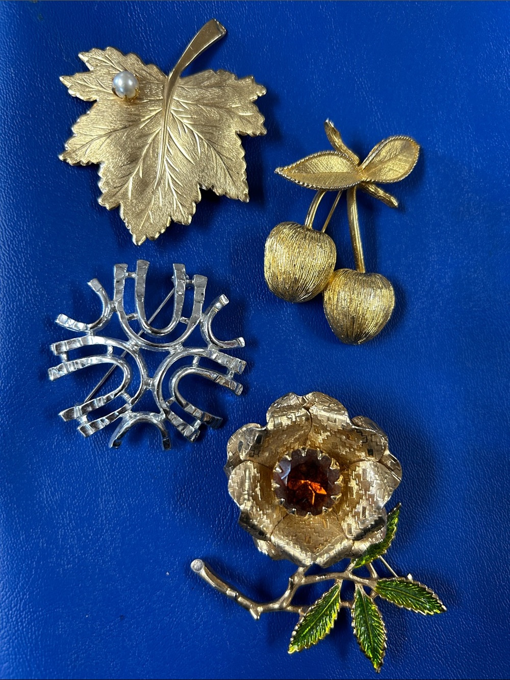Vintage Sarah Coventry Lot Leaf, Cherry Silver tone accent and Flower brooch set